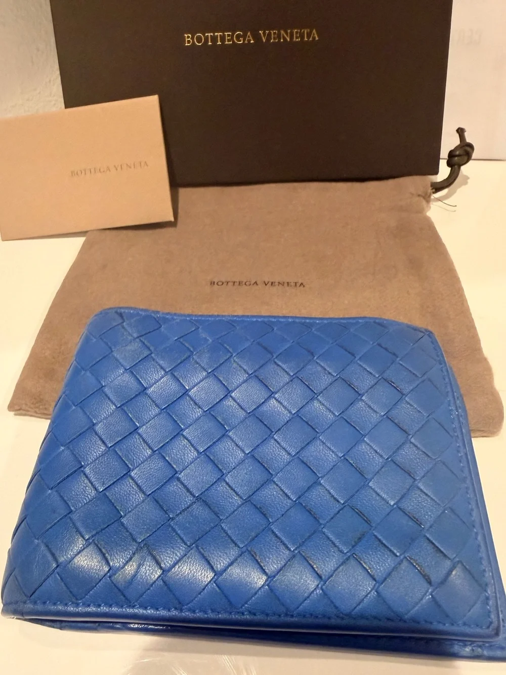 Bottega Veneta Blue Intrecciato Woven Leather Bifold Wallet - Full Inclusion